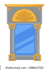 Mirror in frame with columns or pillars and golden elements, Empire style, interior design vector isolated object. Reflection, marble framework. Dressing room luxurious furniture or antique relic