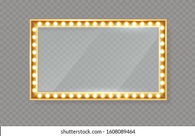 Mirror in frame with gold lights with light makeup lights in changing room or backroom. Vector illustration, EPS 10. svg