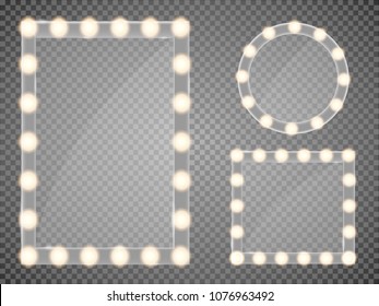 Mirror in frame with light makeup lights for changing room or backroom, on transparent background vector illustration svg