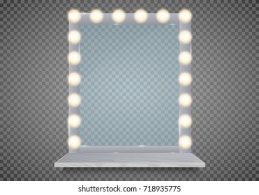 Mirror in frame with light makeup lights for changing room or backroom, on transparent background vector illustration