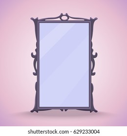 Mirror in the frame on a lilac background. Vector illustration.  