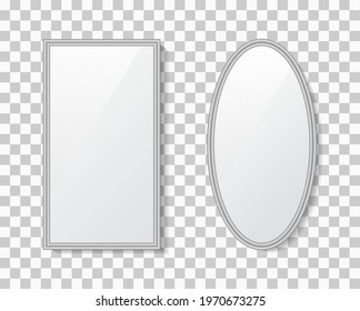 Mirror with frame. Surface of glass with reflection. Mockup of round, oval and rectangle mirror with shadow, reflect. Silver texture isolated on transparent background. Decoration of interior. Vector.