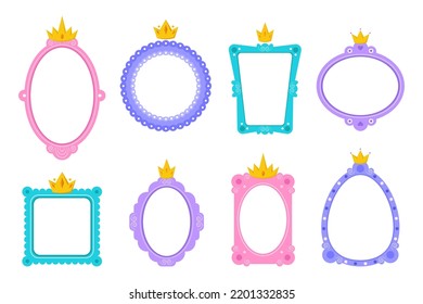 Mirror frames with crowns for babies vector illustrations set. Cartoon drawings of mirrors for little princesses of different shapes isolated on white background. Magic, childhood, furniture concept