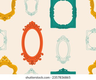 Mirror frames seamless pattern. Repeating design element for printing on fabric. Red and green oval frames in ancient style. Element of decor and interior. Cartoon flat vector illustration