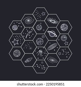 Mirror glass of the James Webb Space Telescope. Planets, galaxy, stars, solar system, satellite.