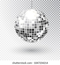 Mirror glitter disco ball vector illustration. Night Club party light element. Bright mirror silver ball design for disco dance club. Vector