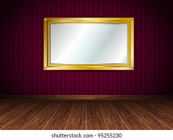 Mirror in a gold frame hanging on a red wall. Vector illustration. Part of set.