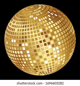 Mirror golden disco ball on a black background .Vector graphic.