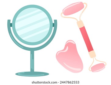 Spiegel, Gua-sha-Schaber aus Naturstein und Rollmassagegerät für die Gesichtspflege. Vektorillustration