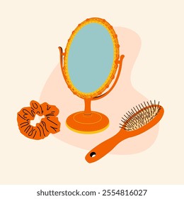 A mirror, a hair band and a comb. Daily routine for hair.