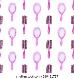 Mirror and hair brush. Seamless pattern with mirrors and brushes. Hand-drawn background. Vector illustration. Real watercolor drawing.