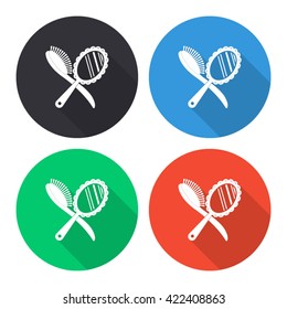 mirror and hairbrush vector icon - colored round buttons with long shadow