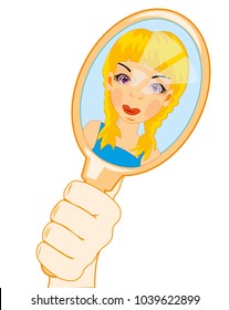 Mirror in hand and reflection of the young girl in him
