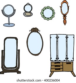 mirror hand-drawing Retro illustration for decoration design set. Interior Flat simple vector icon. Mirror reflection. Furniture cartoon vector illustration. Fashion & style. Retro style.