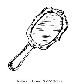 Um espelho com uma alça. Uma ilustração gráfica vetorial em preto e branco feita à mão. Um elemento de design para beleza e moda, cosméticos, maquiagem. Realçado em um fundo branco. Para pacotes, rótulos.