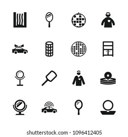 Mirror icon. collection of 16 mirror filled icons such as police car, powder, hair curler, wardrobe, disco ball, medical reflector. editable mirror icons for web and mobile.