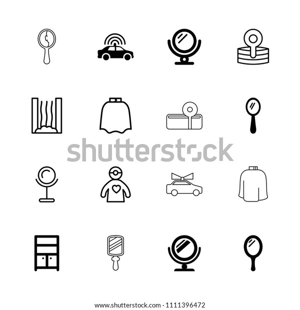 Mirror icon.\
collection of 16 mirror filled and outline icons such as police\
car, wardrobe, hairdresser peignoir, medical reflector. editable\
mirror icons for web and\
mobile.