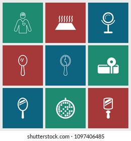 Mirror icon. collection of 9 mirror filled and outline icons such as disco ball, heating system in car, medical reflector. editable mirror icons for web and mobile.