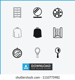 Mirror icon. collection of 9 mirror filled and outline icons such as disco ball, heating system, powder, hairdresser peignoir. editable mirror icons for web and mobile.