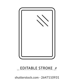 A mirror icon in minimalist style with editable stroke. Home interior element, bathroom accessory, reflective surface, hygiene object, furniture detail, outline drawing, vector line illustration.