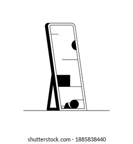 Icono de espejo. Icono de vector de contorno de un cristal de gran aspecto. Ilustración lineal en blanco y negro de un espejo de pie alto con reflejos. Espejo en una tienda de ropa de moda