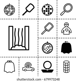 Mirror icon. set of 13 filled and outline mirror icons such as mirror, hairdresser peignoir, powder, disco ball, police car, hair curler, doctor with medical reflector