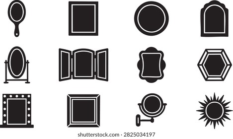 Mirror icon set with black frames and assorted shapes for interior decor and home design