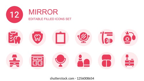 mirror icon set. Collection of 12 filled mirror icons included Dental, Mirror, Shave, Bedside table, Furniture, Make up, Makeup, Perfume, Nightstand