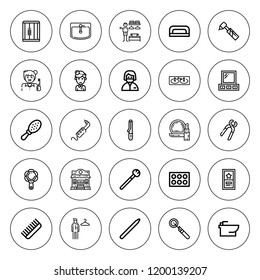 Mirror icon set. collection of 25 outline mirror icons with backstage, bidet, comb, closet, curling iron, dental drill, dentist, dressing room icons. editable icons.
