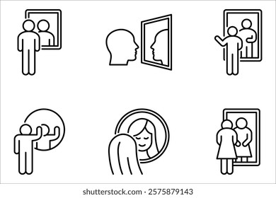 Mirror icon set. Person standing in front mirror of reflection sign. vector illustration on white background