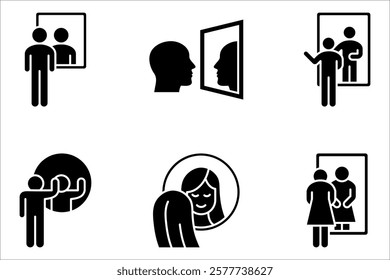 Mirror icon set. Person standing in front mirror of reflection sign. vector illustration on white background