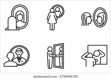 Mirror icon set. Person standing in front mirror on white background
