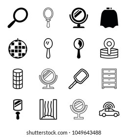 Mirror icons. set of 16 editable filled and outline mirror icons such as mirror, hairdresser peignoir, disco ball, police car, hair curler, medical reflector, heating system