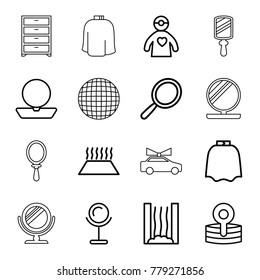 Mirror icons. set of 16 editable outline mirror icons such as mirror, hairdresser peignoir, powder, medical reflector, doctor with medical reflector, heating system in car