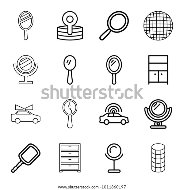 Mirror\
icons. set of 16 editable outline mirror icons such as police car,\
mirror, wardrobe, medical reflector, hair\
curler
