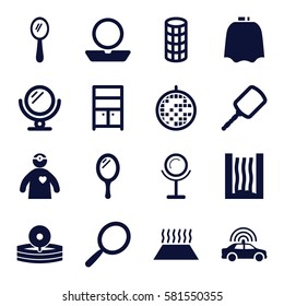 mirror icons set. Set of 16 mirror filled icons such as police car, mirror, hairdresser peignoir, powder, hair curler, wardrobe, medical reflector