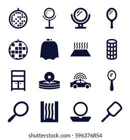 mirror icons set. Set of 16 mirror filled icons such as police car, mirror, hairdresser peignoir, powder, hair curler, wardrobe, medical reflector, disco ball