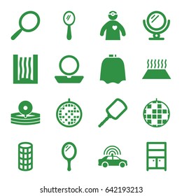 Mirror icons set. set of 16 mirror filled icons such as police car, mirror, hairdresser peignoir, powder, hair curler, wardrobe, medical reflector