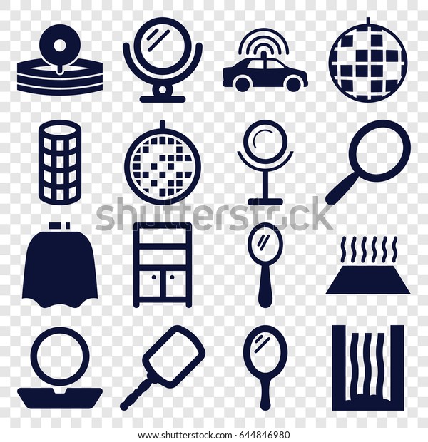 Mirror icons set. set of 16\
mirror filled icons such as police car, mirror, hairdresser\
peignoir, powder, hair curler, wardrobe, medical reflector, disco\
ball