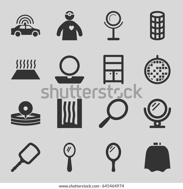 Mirror icons set. set of 16 mirror\
filled icons such as police car, mirror, hairdresser peignoir,\
powder, hair curler, wardrobe, medical\
reflector