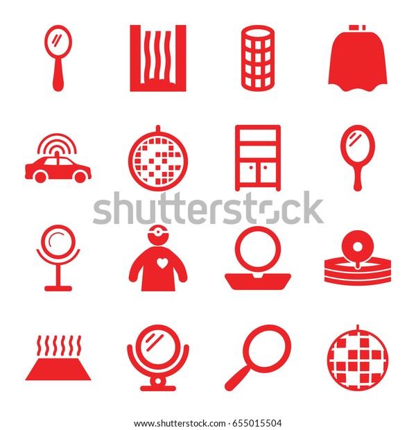 Mirror icons set. set of 16 mirror\
filled icons such as police car, mirror, hairdresser peignoir,\
powder, hair curler, wardrobe, medical\
reflector
