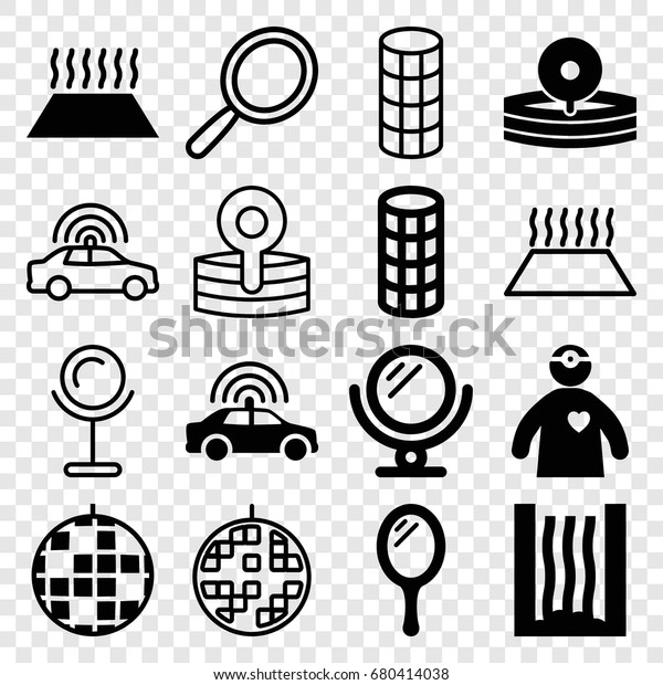Mirror icons set. set of\
16 mirror filled and outline icons such as police car, mirror, hair\
curler, medical reflector, doctor with medical reflector, heating\
system in car
