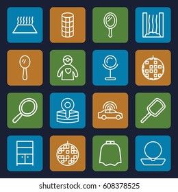 Mirror icons set. set of 16 mirror outline icons such as police car, mirror, hairdresser peignoir, powder, hair curler, wardrobe, medical reflector