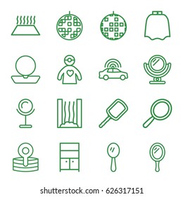 Mirror icons set. set of 16 outline icons such as police car, mirror, hairdresser peignoir, powder, wardrobe, medical reflector, doctor with medical reflector