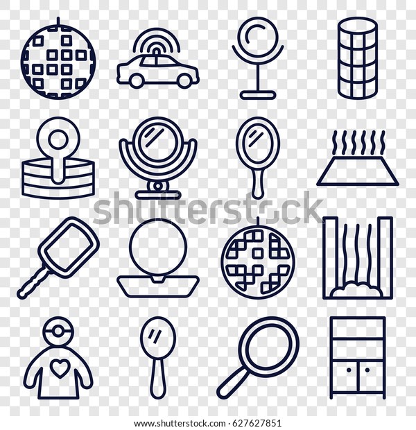 Mirror icons set. set\
of 16 mirror outline icons such as police car, mirror, powder, hair\
curler, wardrobe, medical reflector, doctor with medical reflector,\
disco ball