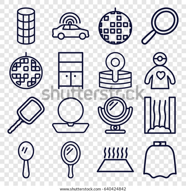 Mirror icons set. set of 16 mirror\
outline icons such as police car, mirror, hairdresser peignoir,\
powder, hair curler, wardrobe, medical\
reflector