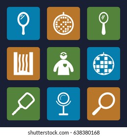 Mirror icons set. set of 9 mirror filled icons such as mirror, doctor with medical reflector, disco ball