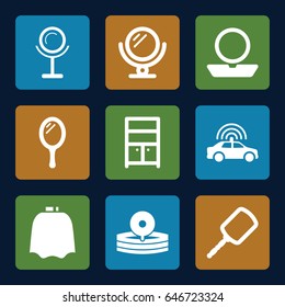 Mirror icons set. set of 9 mirror filled icons such as police car, mirror, hairdresser peignoir, powder, wardrobe