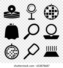 Mirror icons set. set of 9 mirror filled icons such as mirror, hairdresser peignoir, powder, medical reflector, disco ball