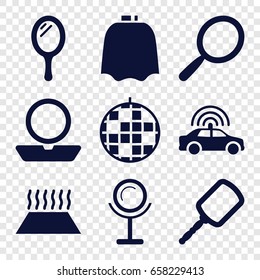 Mirror icons set. set of 9 mirror filled icons such as police car, mirror, hairdresser peignoir, powder, heating system in car